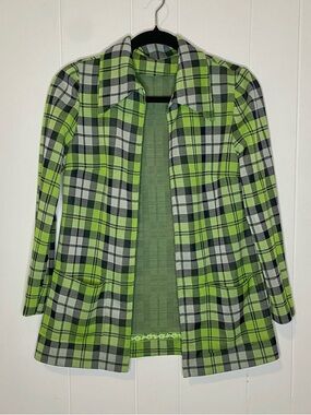 Vintage Green Plaid Women's Jacket - Lightweight Open Front blazer
